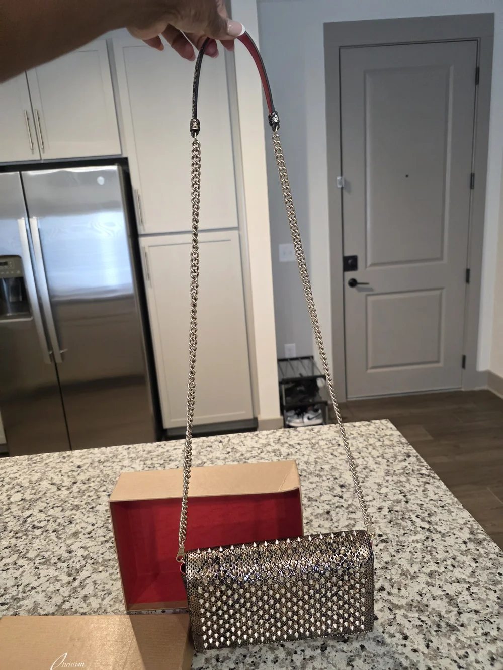 Gold Studded Snake-Texture Clutch with Pink Shoulder Pad